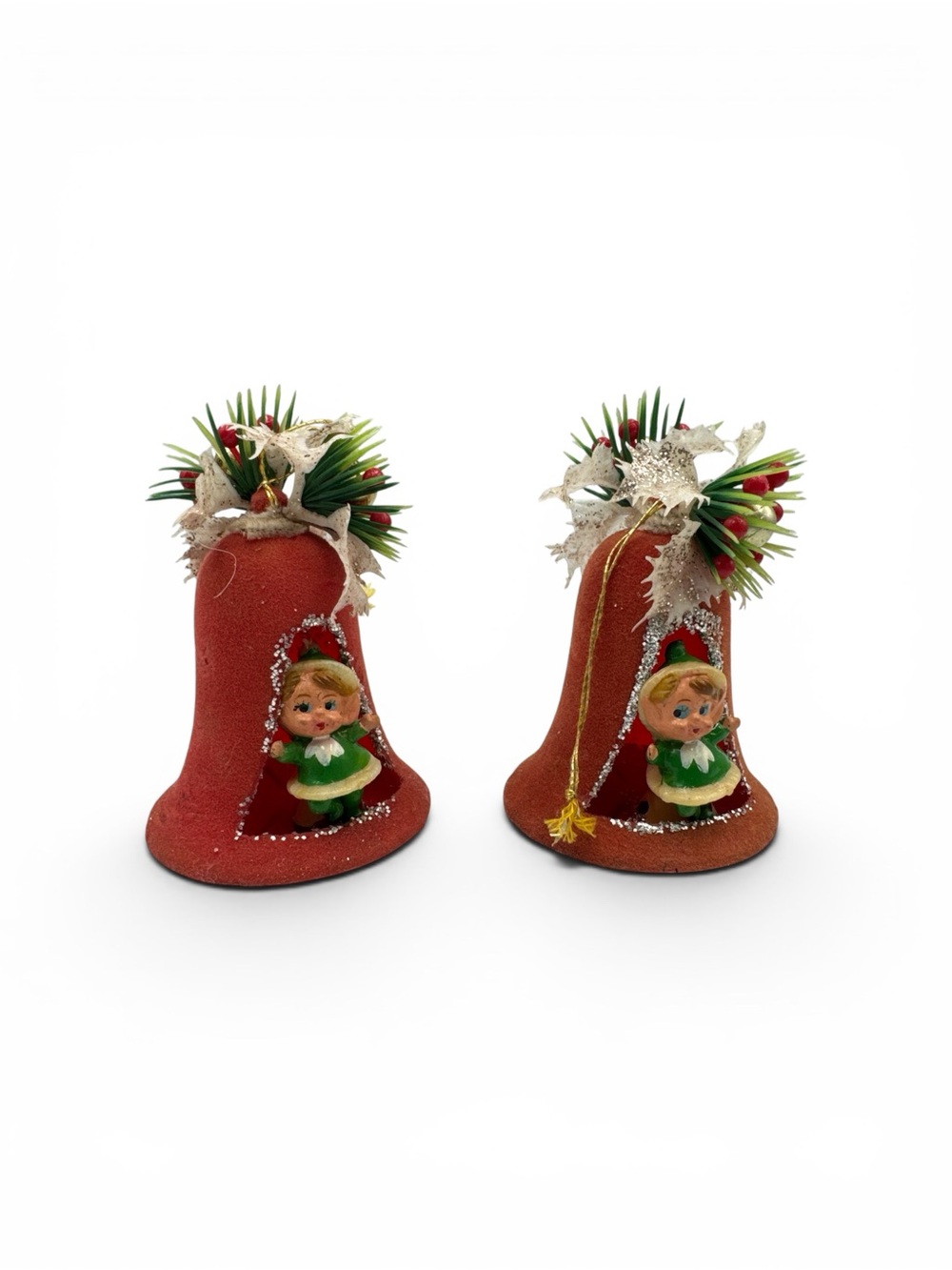 Vintage Pair Flocked Christmas Bell Elf Pixie Ornaments Japan 1950s Decor